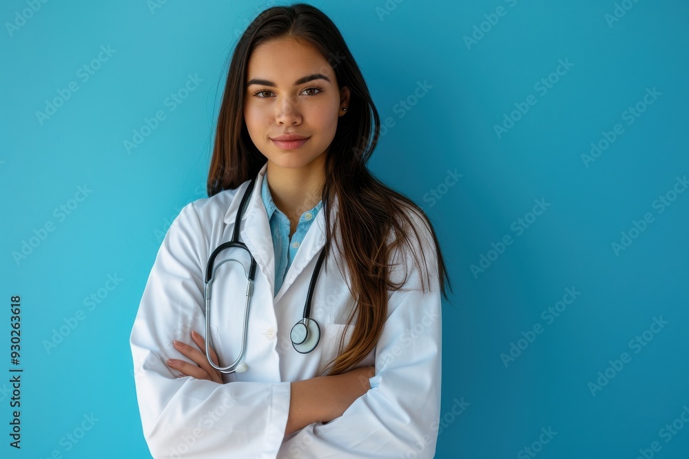 Young woman doctor in white coat, arms crossed, smiling with stethoscope, grey background. Young woman doctor in white coat, arms crossed, smiling with stethoscope, grey background.