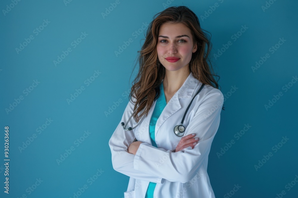 Young woman doctor in white coat, arms crossed, smiling with stethoscope, grey background. Young woman doctor in white coat, arms crossed, smiling with stethoscope, grey background.
