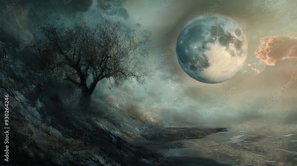 A Mystical Landscape Under a Giant Moon A Mystical Landscape Under a Giant Moon