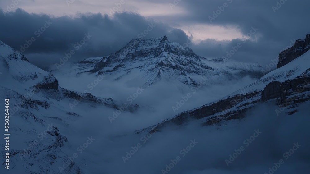 Fototapeta premium A high-angle shot of snowy mountains covered with clouds during a dark evening , ai