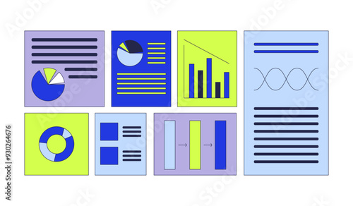 Business analysis reports 2D cartoon objects set. Graphs charts papers isolated flat vector elements white background. Corporate growth. Data analytics marketing color spot illustration collection