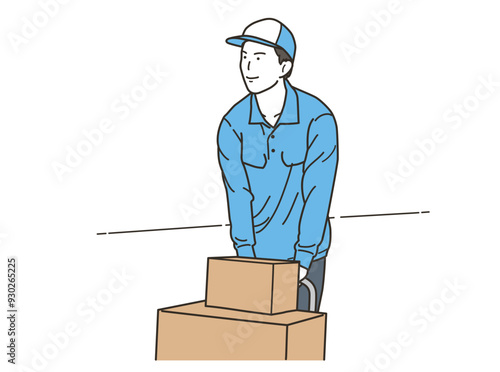 段ボール箱を台車で運ぶ作業服姿の男性