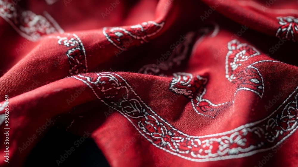 Fototapeta premium A richly colored red fabric featuring detailed white embroidery folds elegantly, showcasing its texture and design.