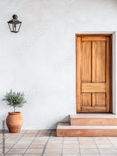 Rustic wooden door with terracotta pot and lantern photo