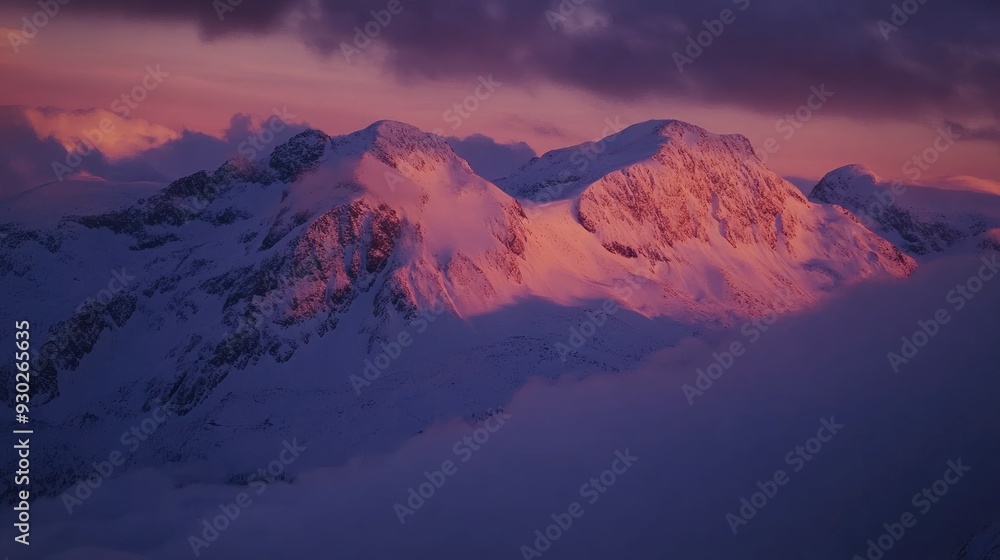 A high-angle shot of snowy mountains covered with clouds during a dark evening , ai A high-angle shot of snowy mountains covered with clouds during a dark evening , ai