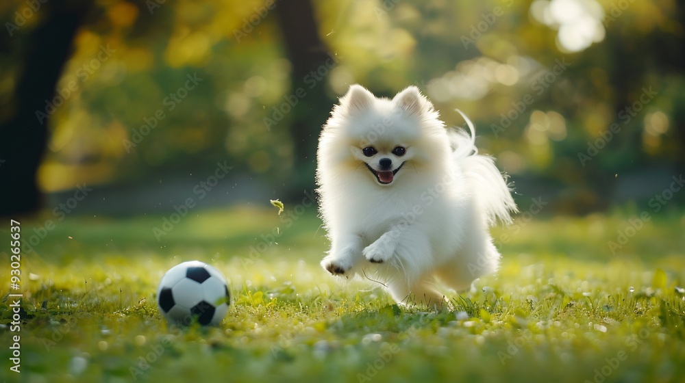White Pomeranian Dog Running Towards a Soccer Ball
