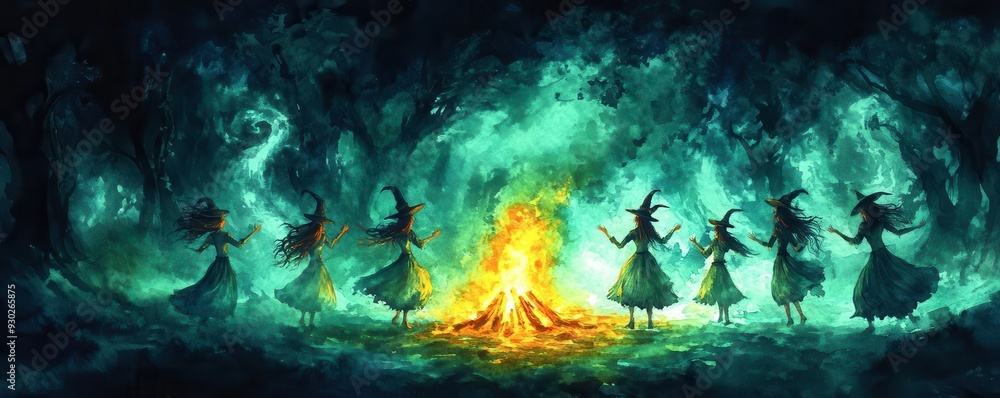 A group of witches dancing around a glowing bonfire in a dark, enchanted forest, with swirling fog and eerie shadows, watercolor style A group of witches dancing around a glowing bonfire in a dark, enchanted forest, with swirling fog and eerie shadows, watercolor style