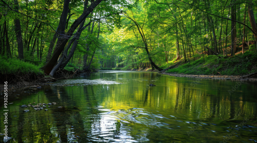 Serene river winding through a forest, with reflections of trees in the calm water Serene river winding through a forest, with reflections of trees in the calm water