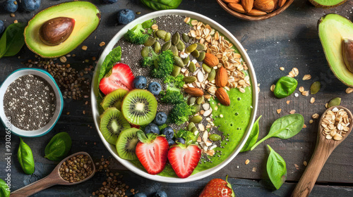 Smoothie bowls topped with fresh fruits, nuts, and seeds, emphasizing healthy and delicious breakfast options