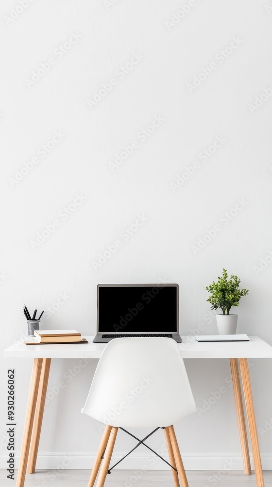 A minimalist desk setup with a laptop, notebook, and potted plant, symbolizing productivity and organization A minimalist desk setup with a laptop, notebook, and potted plant, symbolizing productivity and organization