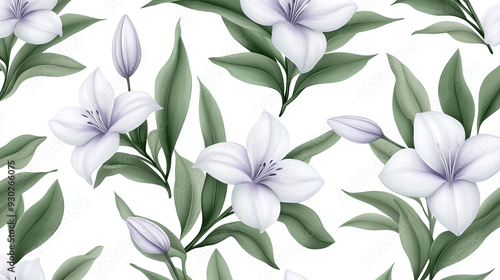 This artwork features a floral design with white lilies and purple hibiscus complemented by lush green foliage, perfect for wallpaper or elegant decor accents SEAMLESS PATTERN This artwork features a floral design with white lilies and purple hibiscus complemented by lush green foliage, perfect for wallpaper or elegant decor accents SEAMLESS PATTERN