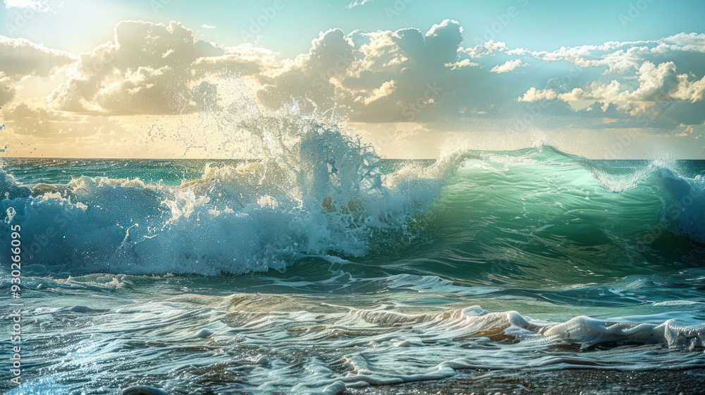 Obraz premium Scenic ocean view with waves crashing against the shore, highlighting the majesty of the sea