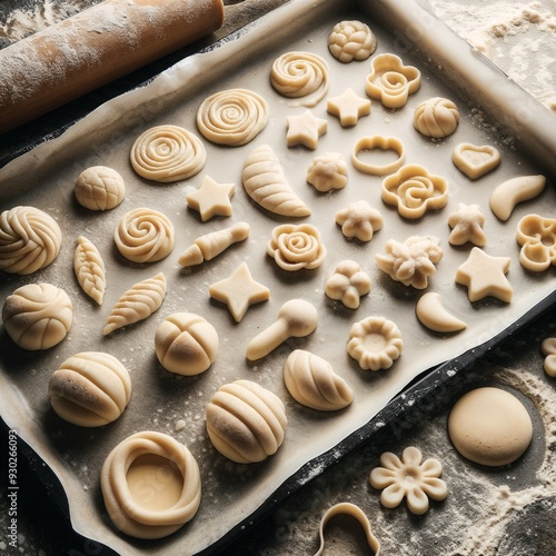 A tray of baked goods with various shapes and designs, including stars, hearts, and flowers