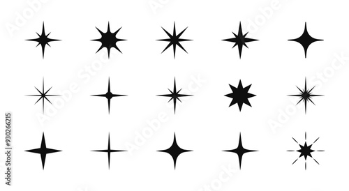 Shining Black Stars Collection. Set Of 15 Decorative Star Icons For Web Use. Different Style Silhouette Stars Abstract Element