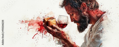 Jesus blessing bread and wine, delicate watercolor illustrating the sacred ritual of communion and shared faith