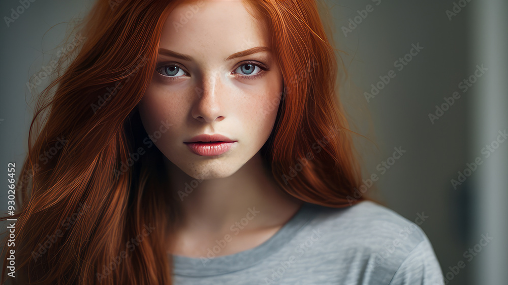 Portrait of a serious aggressive teenage girl with red long hair with perfect skin, silver background, banner. Portrait of a serious aggressive teenage girl with red long hair with perfect skin, silver background, banner.