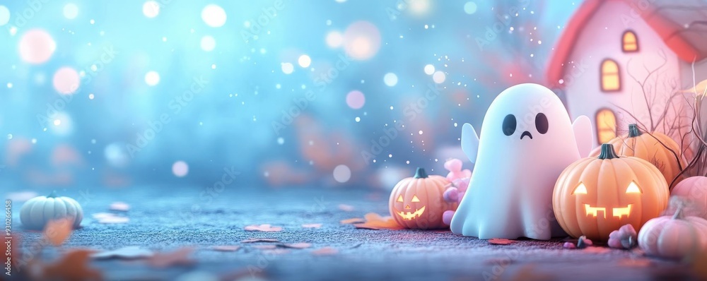 Charming Halloween scene featuring a cute ghost, pumpkins, and a cozy house, perfect for festive decorations and celebrations. Charming Halloween scene featuring a cute ghost, pumpkins, and a cozy house, perfect for festive decorations and celebrations.