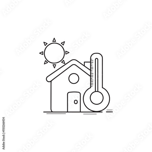 Drawing of house symbol with sun beside hot thermometer indicator
