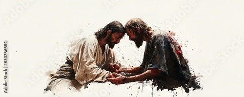 Jesus curing a leper, touching scene in watercolor, compassion and faith intertwined