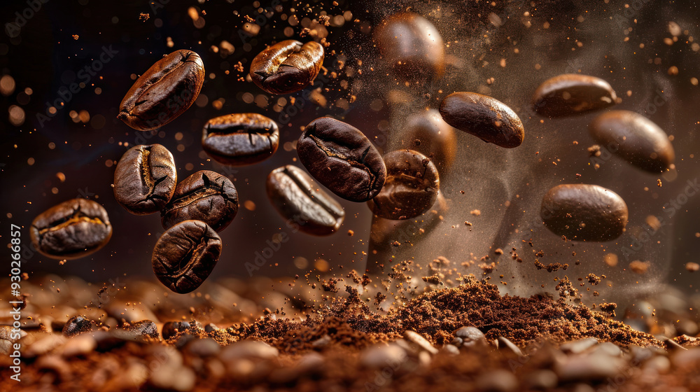 Roasted coffee beans and ground coffee particles in a flying explosion, showcasing the vibrant energy of coffee Roasted coffee beans and ground coffee particles in a flying explosion, showcasing the vibrant energy of coffee