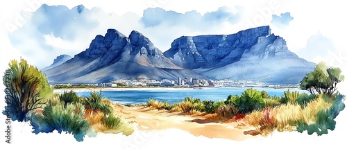 Watercolor painting of the Table Mountain in South Africa, with sweeping views of Cape Town, white background