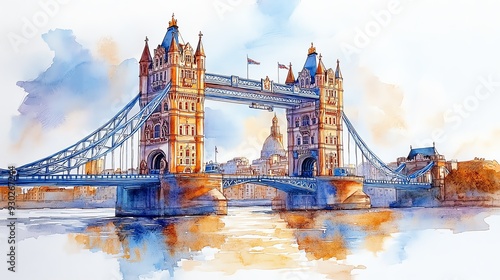 Watercolor painting of the Tower Bridge in London, UK, spanning the River Thames, white background
