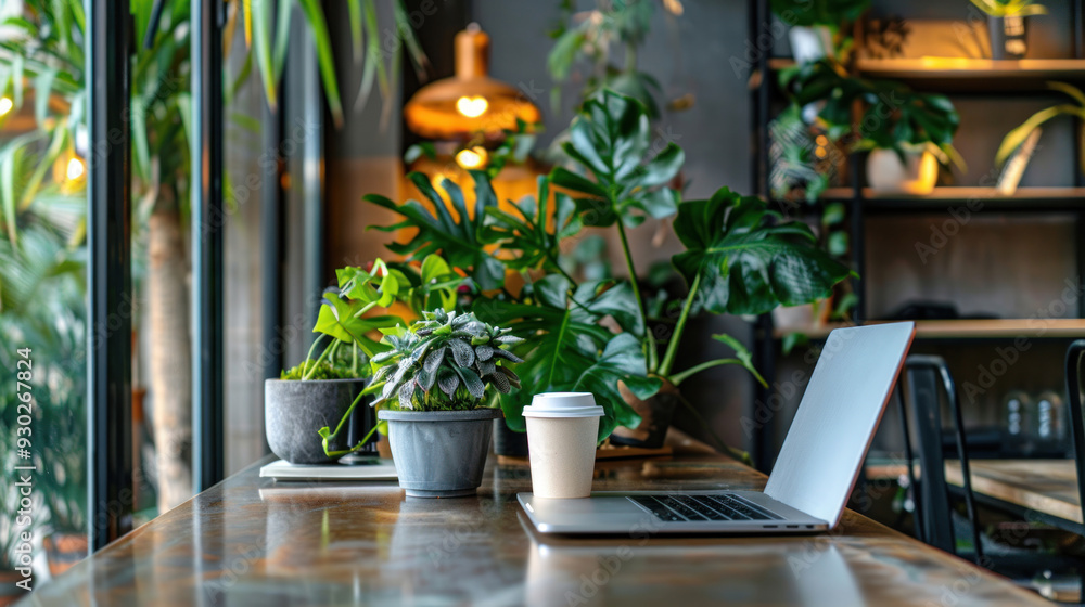 Relaxed workspace on a counter bar in a cafe, complete with laptop, coffee cup, and decorative plants, promoting a comfortable environment