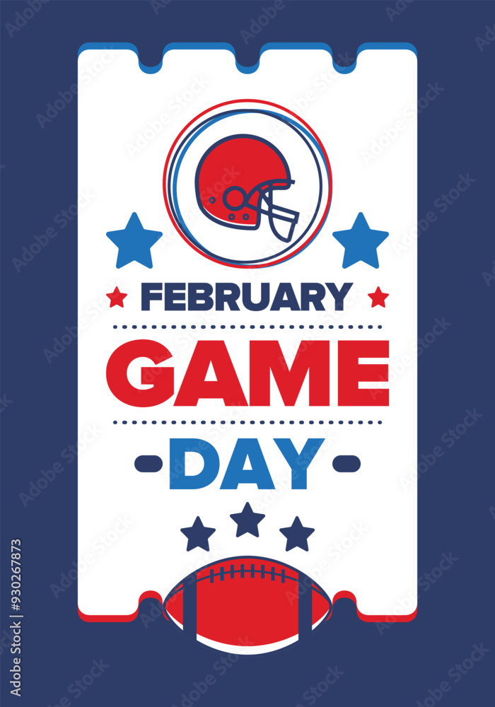 Game Day. American football playoff. Super Party in United States. Final game of regular season. Professional team championship. Ball for american football. Sport poster. Vector illustration Game Day. American football playoff. Super Party in United States. Final game of regular season. Professional team championship. Ball for american football. Sport poster. Vector illustration