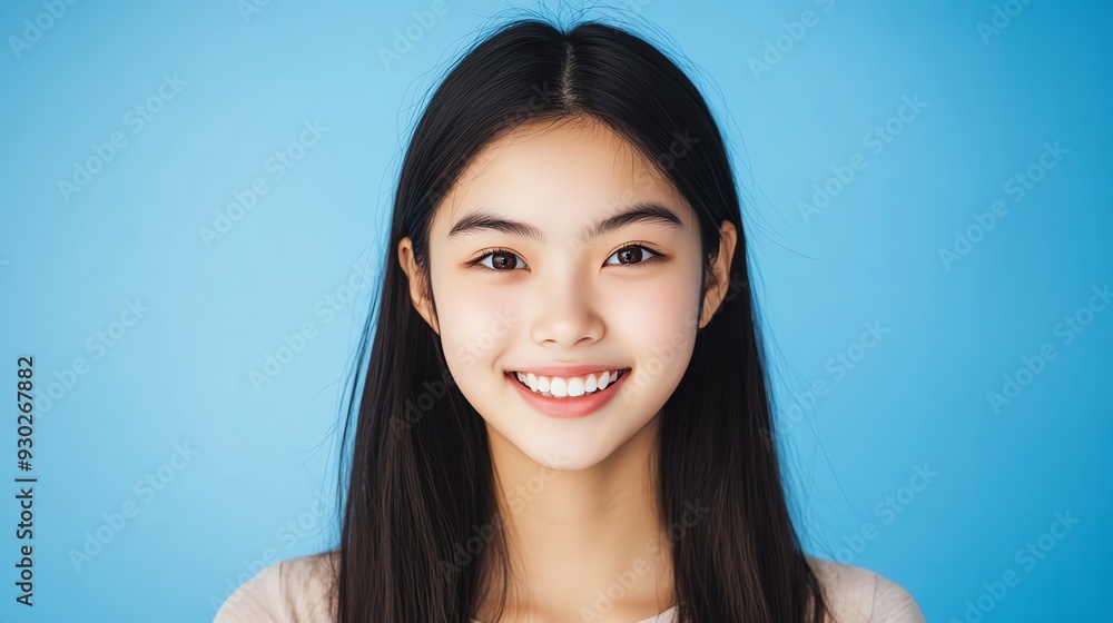 A young woman with long black hair smiles at the camera while wearing glasses and a light blue sweater. A young woman with long black hair smiles at the camera while wearing glasses and a light blue sweater.
