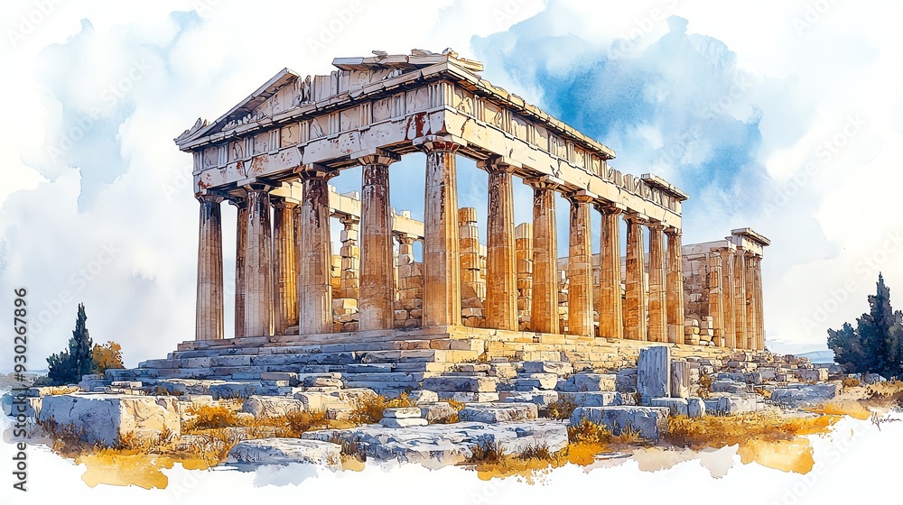 Obraz premium Watercolor illustration of the Athens Acropolis in Greece, ancient ruins and history, white background