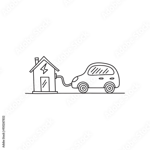Drawing of electric car charging in smart house