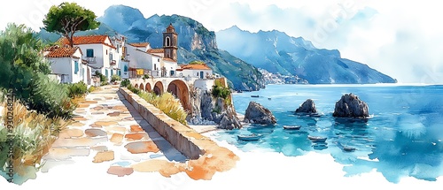 Watercolor painting of the Amalfi Coast Path of the Gods in Italy, with dramatic coastal views, white background
