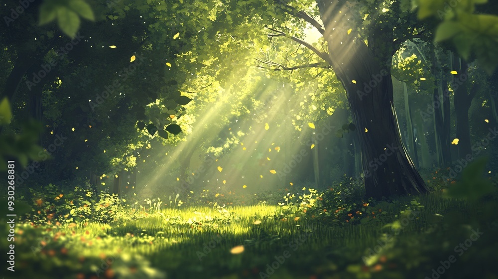 Fototapeta premium Sunbeams Filtering Through a Lush Forest