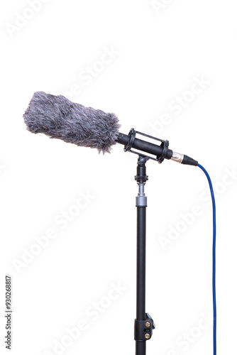 A professional-grade shotgun microphone on a isolated white background, a high-quality audio recording device.