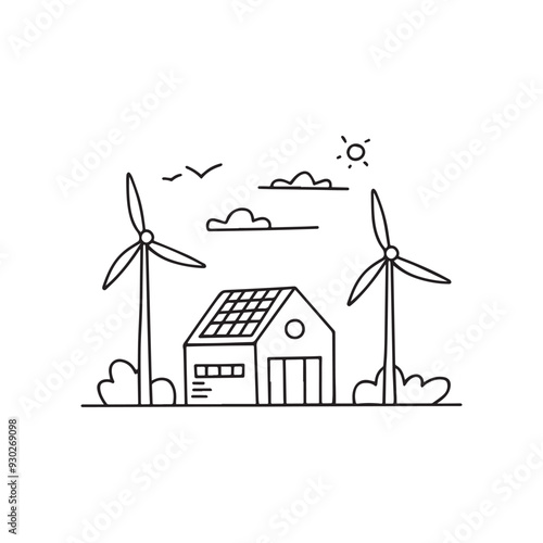 Drawing of solar panels and wind turbines next to a modern house