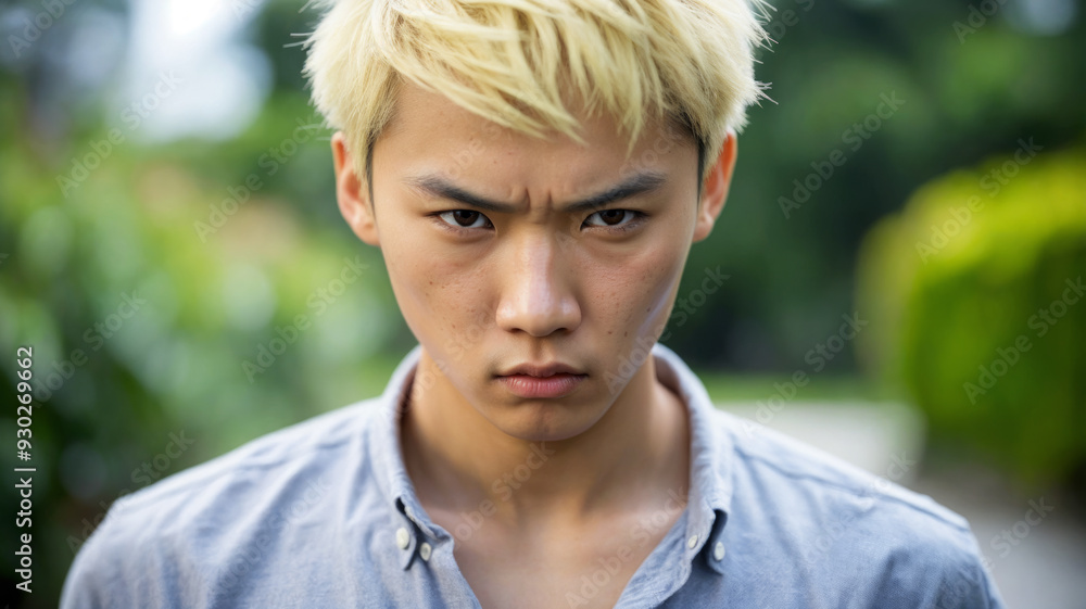 Portrait of a young Asian guy with an angry expression looking straight at the camera Portrait of a young Asian guy with an angry expression looking straight at the camera