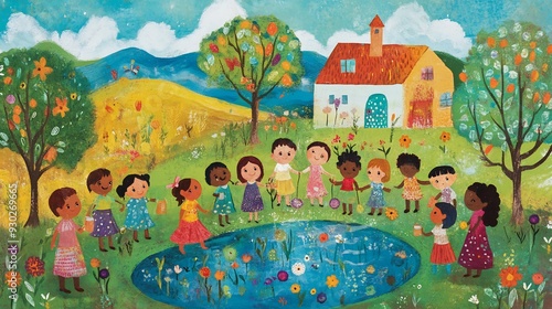 Children Gathering Around a Pond in a Lush Garden