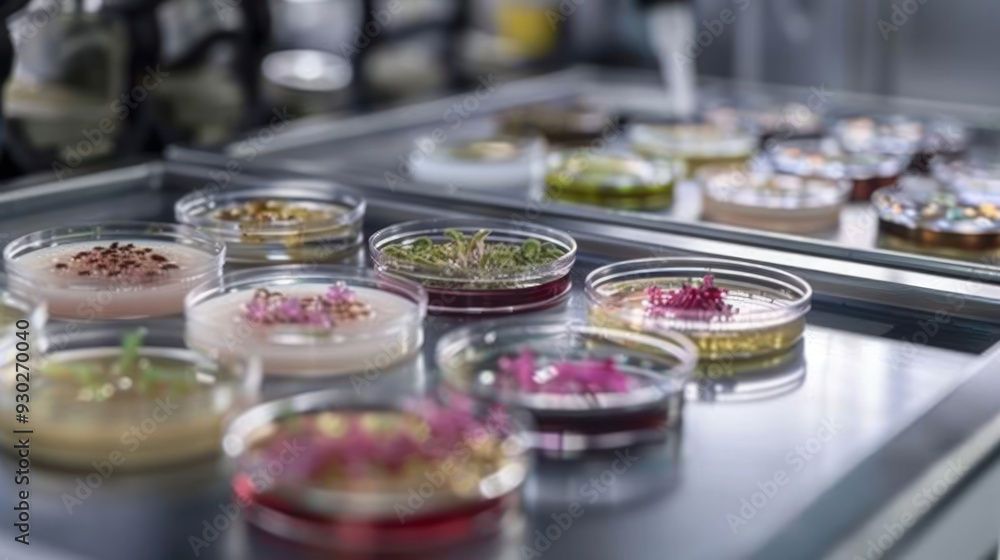 Petri dishes with various biological cultures in a lab, showcasing scientific research in biology Petri dishes with various biological cultures in a lab, showcasing scientific research in biology