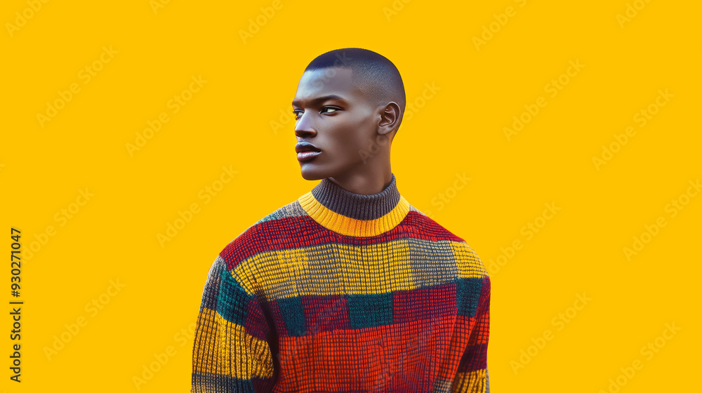Fashion afro boy model in stylish sweater on one tone background. Fall winter concept. Fashion afro boy model in stylish sweater on one tone background. Fall winter concept.
