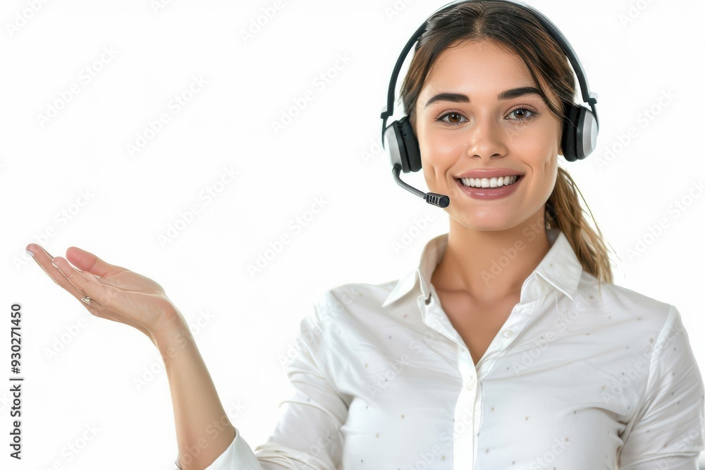 Smiling female customer service agent in headset, presenting with hand, white background. Smiling female customer service agent in headset, presenting with hand, white background.