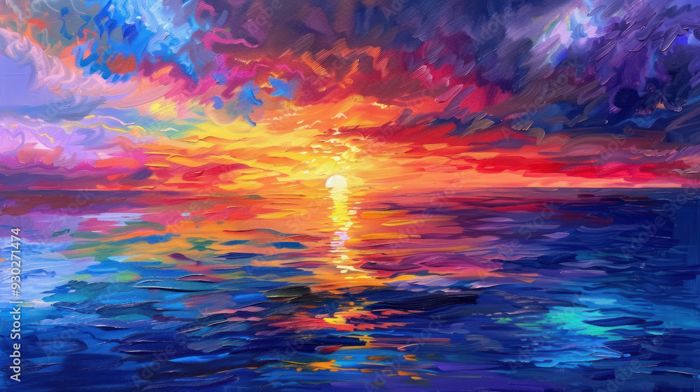 Fototapeta premium Panoramic view of a sunset over the ocean, with vibrant colors reflecting on the water