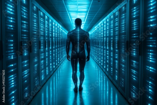 Man walking towards a cloud gateway in a futuristic server room envisioning the pathway to next gen data solutions