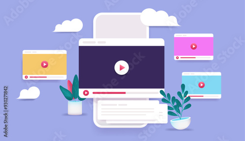 Watching videos on mobile phone screen - Vector illustration of online video channel content with colourful viral tube windows popping out. Semi flat design on purple background