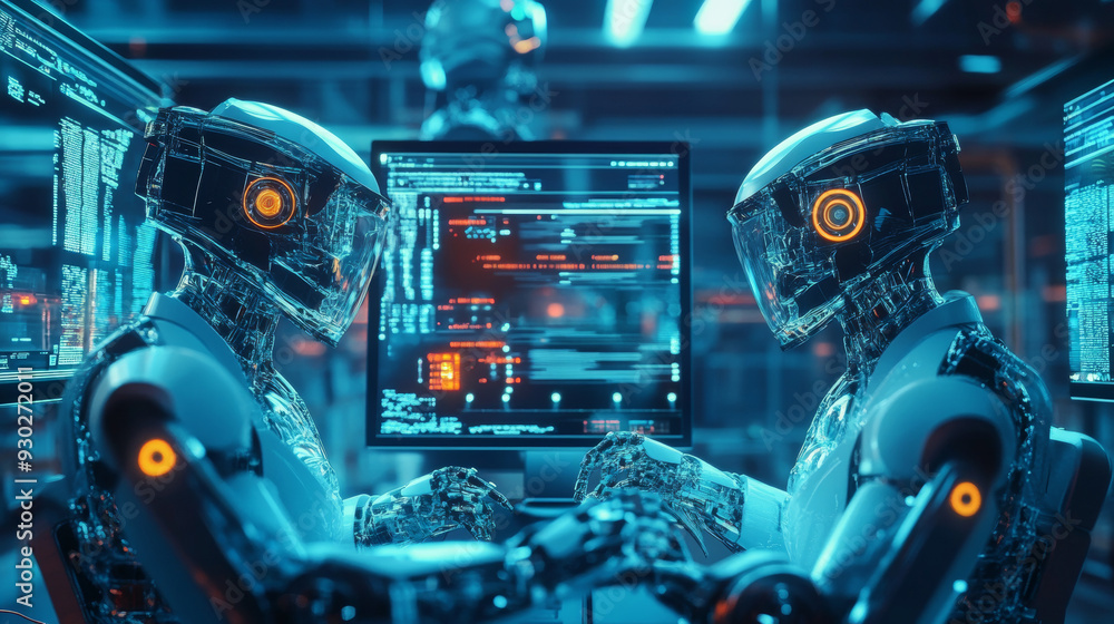 A concept image depicting Computer-Aided Manufacturing (CAM) and M2M (Machine-to-Machine) automation technology in the context of Industry 4.0. The scene features 3D robots working collaboratively. A concept image depicting Computer-Aided Manufacturing (CAM) and M2M (Machine-to-Machine) automation technology in the context of Industry 4.0. The scene features 3D robots working collaboratively.