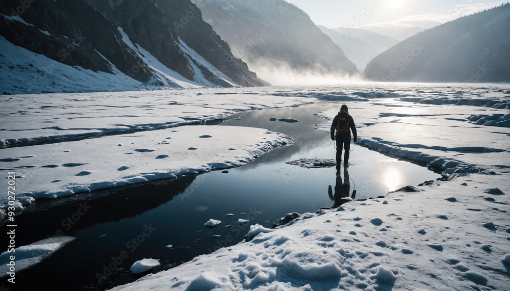 Frozen Lake Secrets in Foggy Winter: The Voyager's Trek Immersed in Landslide