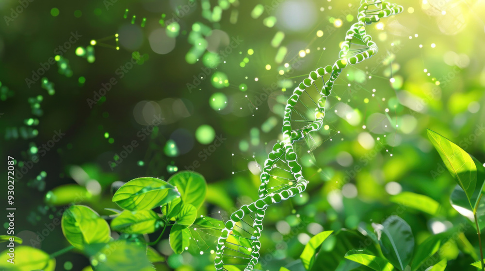 Molecular structures and DNA helix with plant imagery on a green background, emphasizing biochemistry Molecular structures and DNA helix with plant imagery on a green background, emphasizing biochemistry