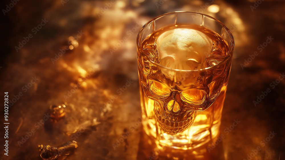 Ginger Beer with skull inside glass, Iight bar backgraund Ginger Beer with skull inside glass, Iight bar backgraund