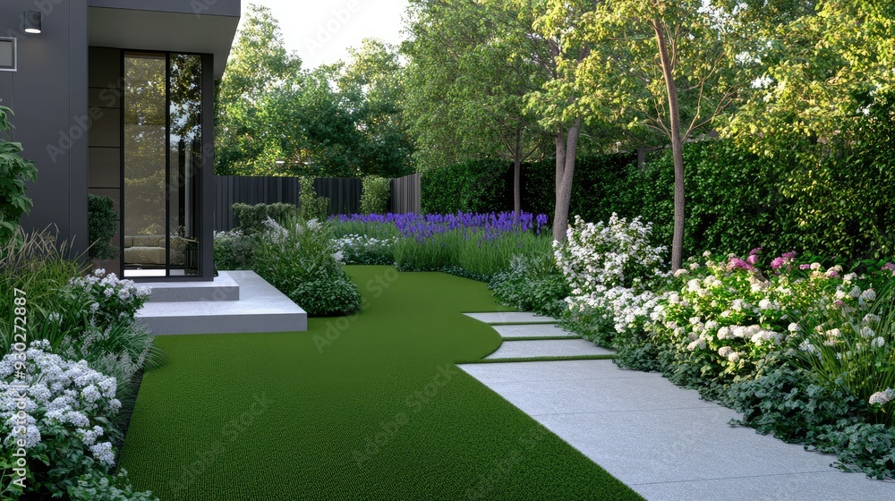 Naklejka premium A curved path of grey pavers meanders through a colorful garden, leading to an old door set in a brick wall, all framed by a bright green lawn and wooden fencing