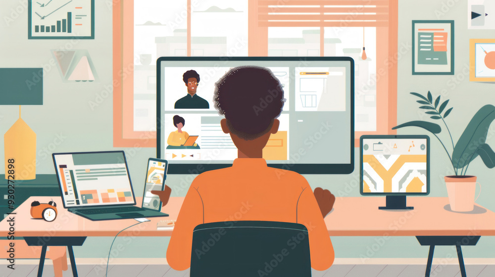 Modern home workspace with a person sitting at a desk, using multiple devices for work, including a smartphone and a laptop, on a video call Modern home workspace with a person sitting at a desk, using multiple devices for work, including a smartphone and a laptop, on a video call