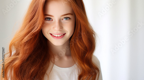 Portrait of a smiling cheerful teenage girl with long red hair and perfect skin, white background, banner.